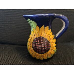 Small Sunflower Pitcher Talavera Mexico Pottery Hand Painted Colorful 5" Signed